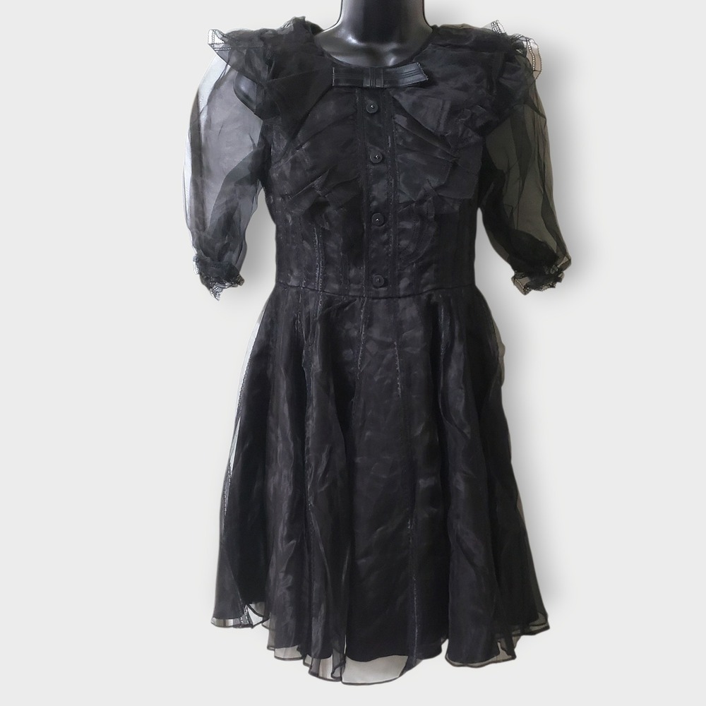 Gothic‎ Lolita Black Silk Mesh Corset Organza Ruffle Bow Dress Sz Medium